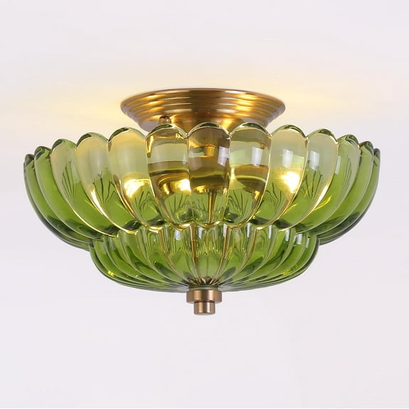 Semi Flush Mount Ceiling Light, Scalloped Green Glass Close to Ceiling Light Fixtures with 2 Lights, Gold Vintage Light fixtures for Bedroom Living Room Entryway Hallway