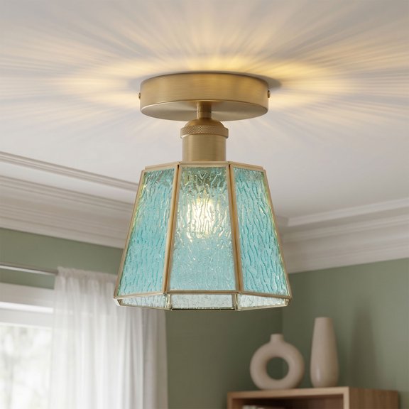 Semi Flush Mount Ceiling Light - Teal Ripple Stained Glass Shade Close to Ceiling Light Fixture Hallway Light for  Entryway Kitchen