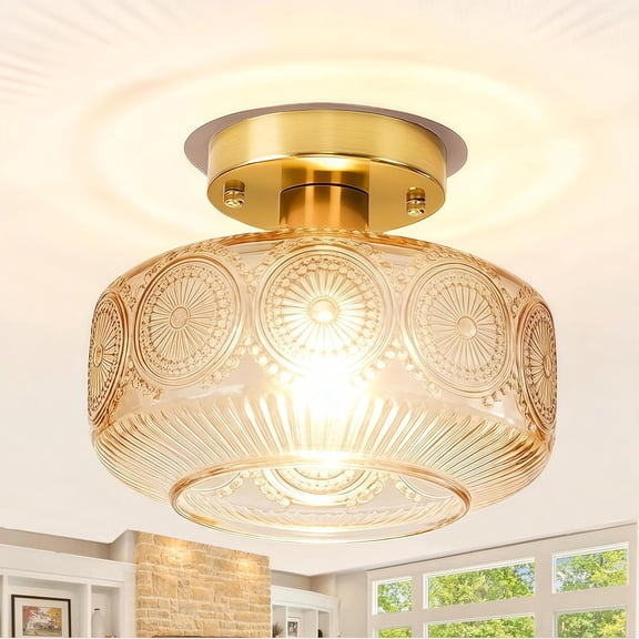 Semi Flush Mount Ceiling Light, Vintage Small Ceiling Light Fixture, Thickened Glass Hallway Lighting Fixture, Brass Kitchen Ceiling Mount Lighting with Amber Glass for Bedroom, Bathroom, Porch