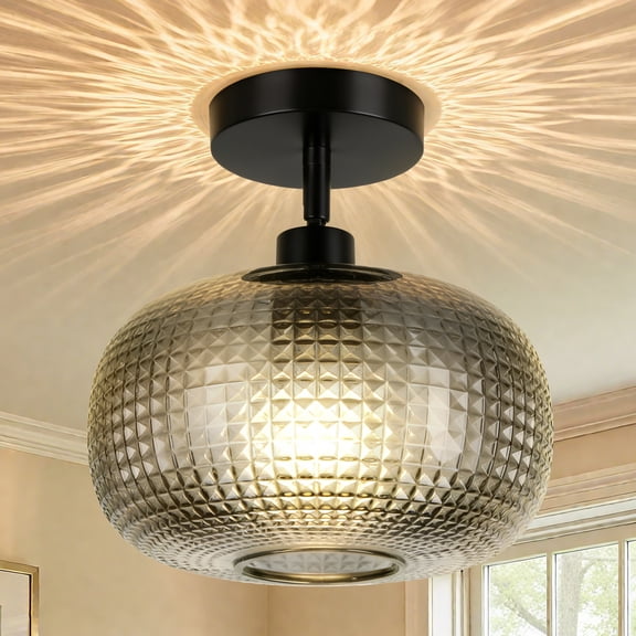 Semi Flush Mount Ceiling Light with Grey Glass Shade