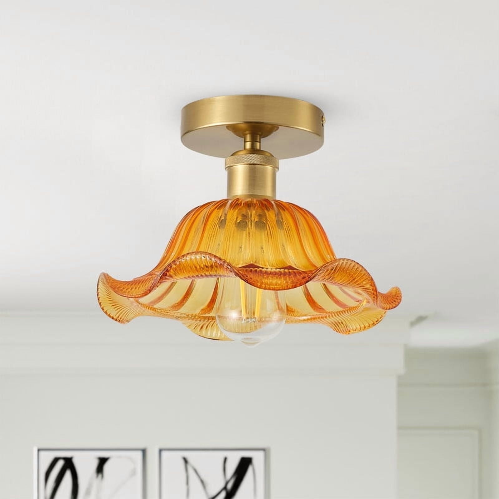 Semi Flush Mount Ceiling Light with Ruffled Glass Shade, E26 Base Vintage Close to Ceiling Light for Hallway, Bedroom, Entryway