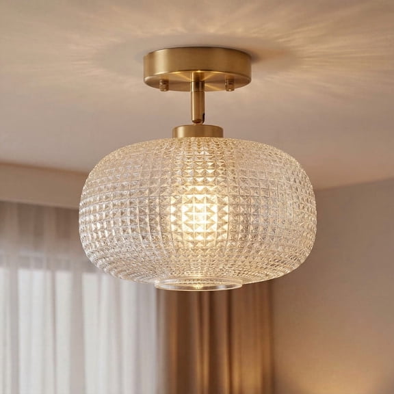 Semi Flush Mount Ceiling Light with Textured Glass Shade 40W Ceiling Light Fixture for Bedroom, Hallway, Kitchen (Brass)