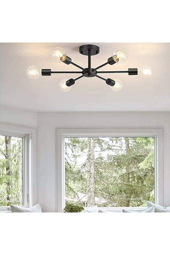 Semi Flush Mount Ceiling Lights 6 Light Matte Black Sputnik Chandelier Kitchen Light Fixtures Dining Room Light Modern Ceiling Lights for Bedroom Living Room (Exclude Bulb)