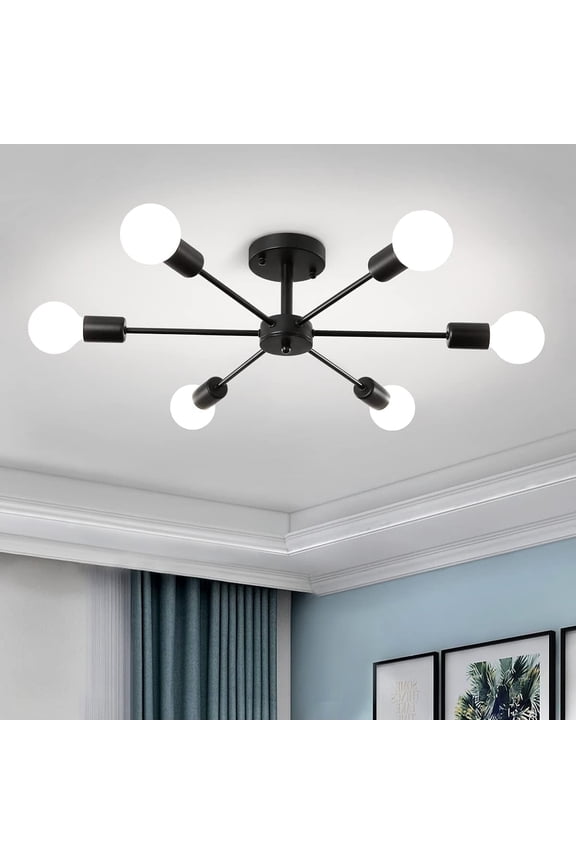 Semi Flush Mount Ceiling Lights 6 Light Matte Black Sputnik Chandelier Kitchen Light Fixtures Dining Room Light Modern Ceiling Lights for Dining Bedroom Living Room (Exclude Bulb)