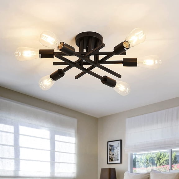 Semi Flush Mount Modern Ceiling Light Fixture 6 Lights Black Vintage Matte Sputnik Chandelier Ceiling Lamp with E26 Bulb Base [Bulbs Not Included]