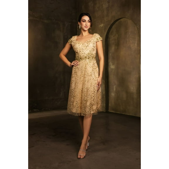 Women's May Queen Mother Of The Bride V-Neck A-Line Sequin Dress MQ2162 Gold L