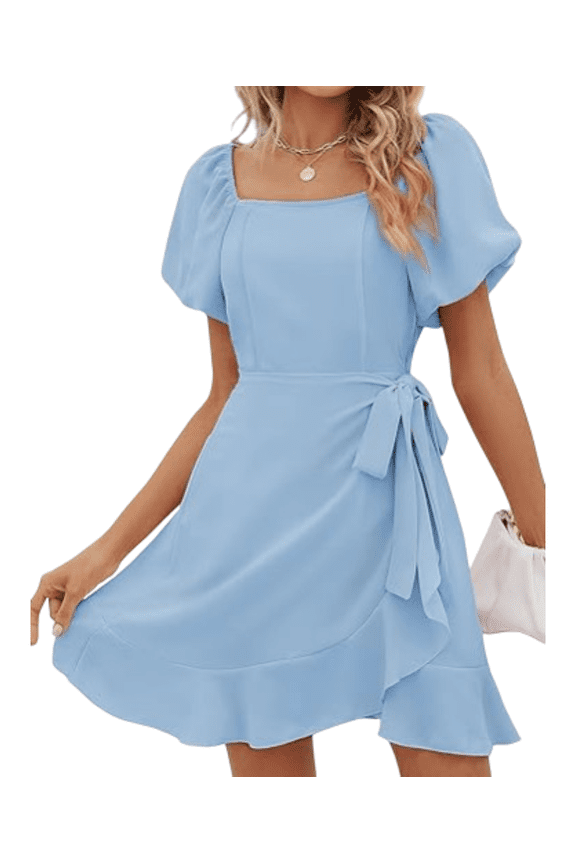 Semi Formal Dresses For Women Casual Summer Dresses For Women Elegant Solid Square Neck A Line Sundresses Puff Sleeve Tie Waist Short Prom Dress