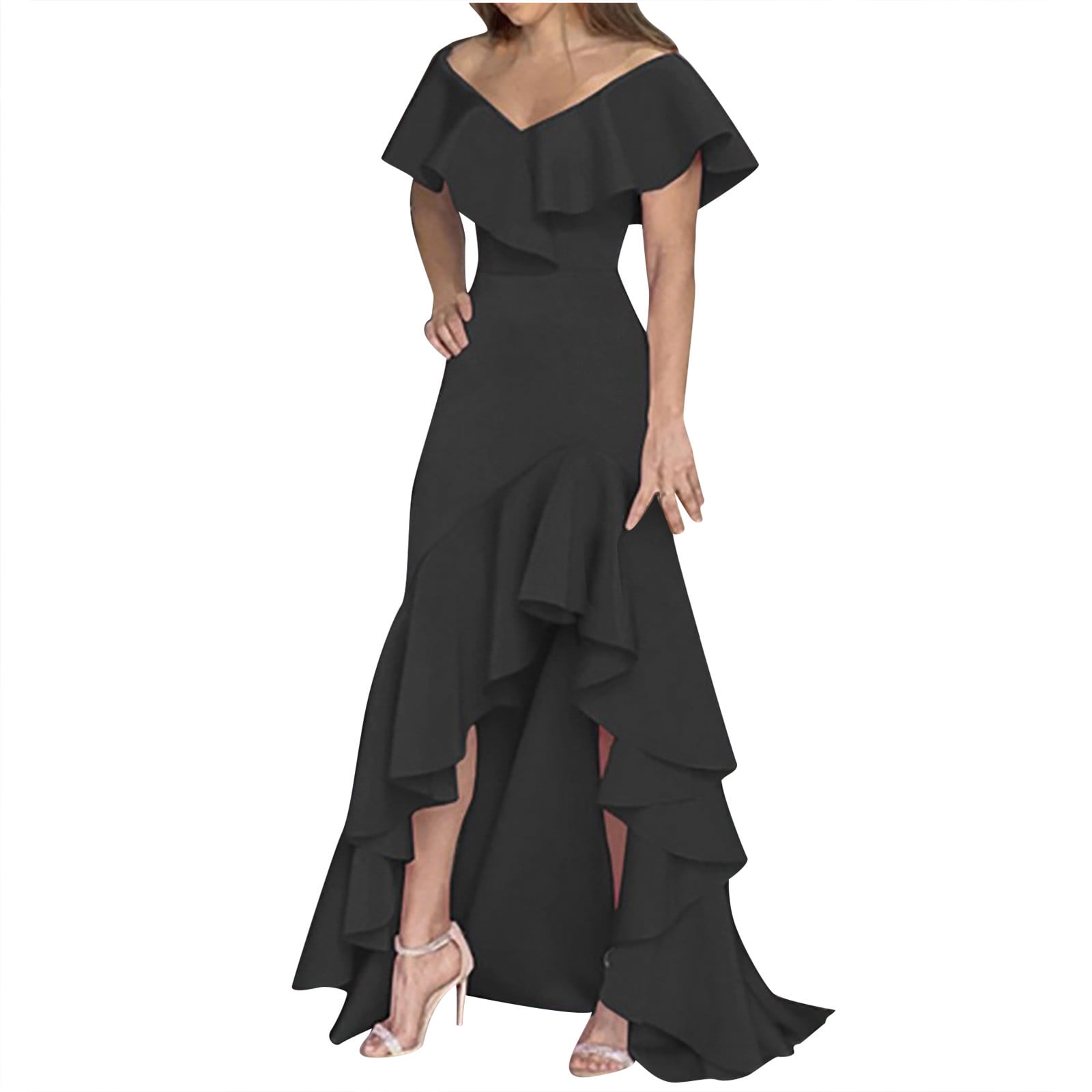 Semi Formal Dresses for Women 2022 Elegant Floral V Neck Fit and Flare Cocktail Dress Loose Flowy Short Sleeve Dress