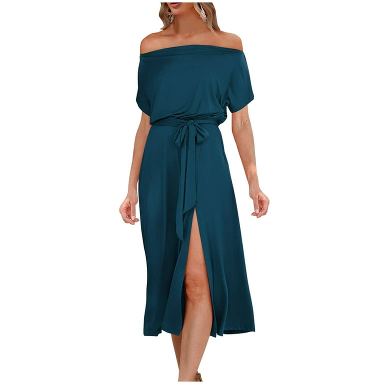 Semi Formal Dresses for Women Short Sleeve Scoop Neck Tie Waisted Summer Casual Slit Comfy Midi Dress Solid Color Medium Blue