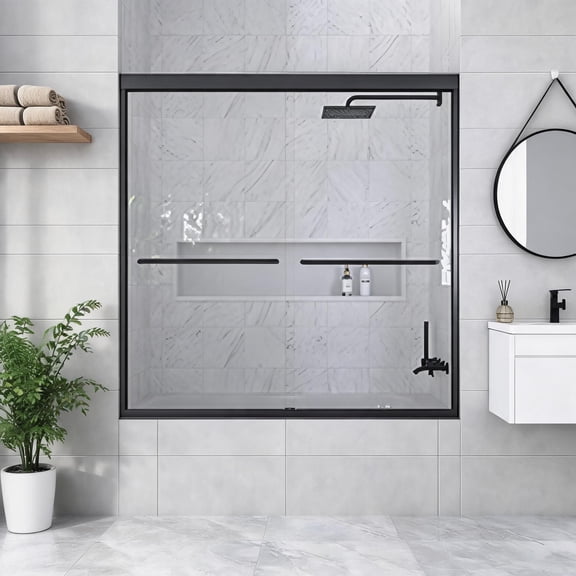 Semi-Frameless Bypass Sliding Shower Door Bathroom Shower Enclosure Matte Black 1/4 Inch Tempered Glass Fits 56-60 Inch Openings