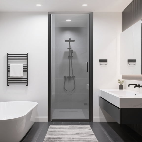Semi-Frameless Pivot Shower Door, 1/4" Tempered Glass, Matte Black, Reversible, Width Adjustable