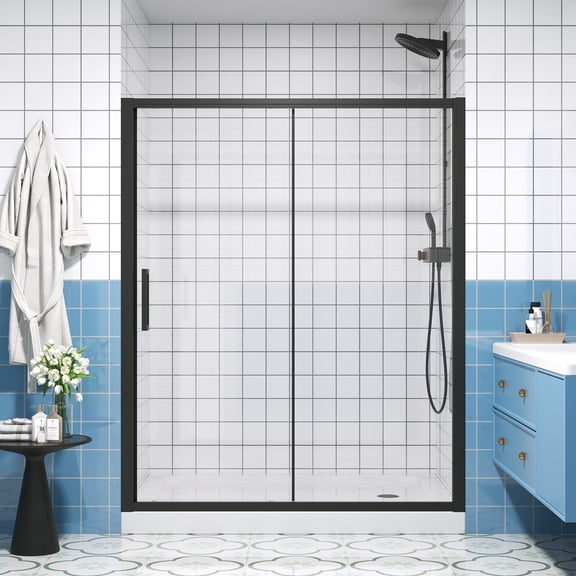 Semi-Frameless Sliding Shower Door 56-60 Inch Width x 72 Inch Height Tempered Glass Panel with Black Aluminum Frame Reversible Installation Waterproof Barrier