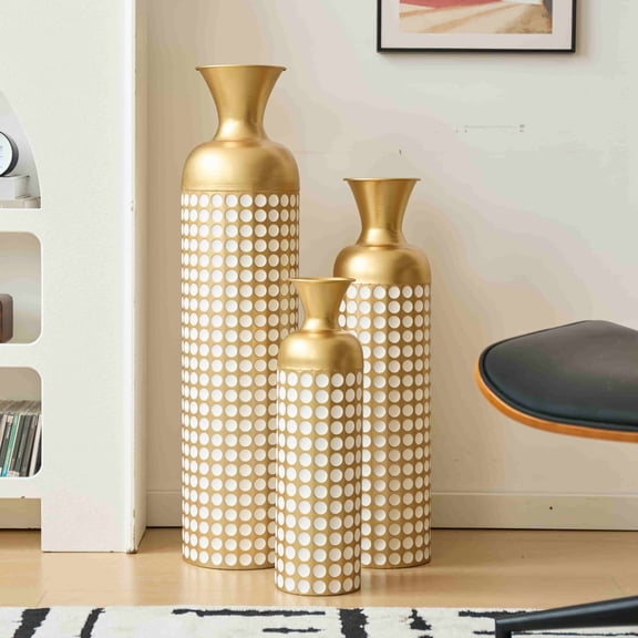 Semi-Handmade Gold-Plated Geometric Floor Vase Set (3-Piece) – 33.5/29.5/25.2 Inch Decorative Vases for Living Room/Entryway
