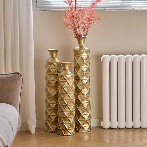 Semi-Handmade Metal Floor Vase Set of 3, Gold-Plated Geometric Diamond Pattern Vases, 33.5/29.5/25.2 Inch Large Decorative Vases for Living Room, Entryway, Office Decor (4.72in Top, 5.91in Base)