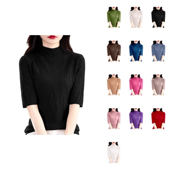 Semi High Neck Knitted Pullover Sweater – Slim Fit Ribbed Texture Fall Winter Casual Top for Women