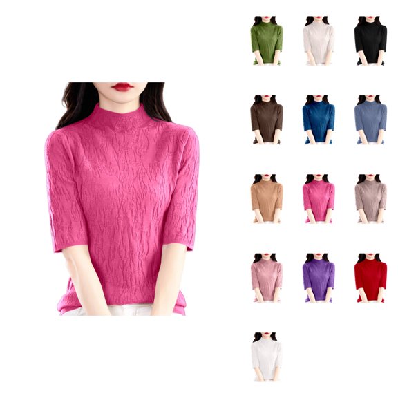 Semi High Neck Knitted Pullover Sweater – Slim Fit Ribbed Texture Fall Winter Casual Top for Women