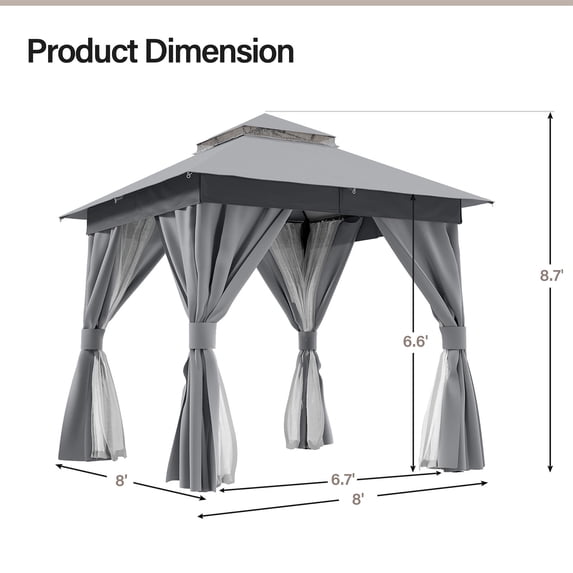 8'x8' Hardtop Patio Gazebo, Double Roof with Mosquito Netting & Privacy Screens, Smoke Grey for Backyard, Smoke Grey