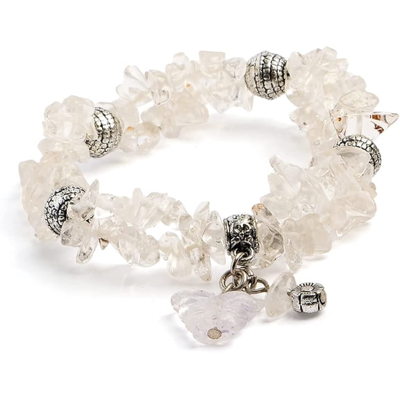 Semi-Precious Natural Crystal Quartz Clear Bracelet 2 Strands with Butterfly Charm