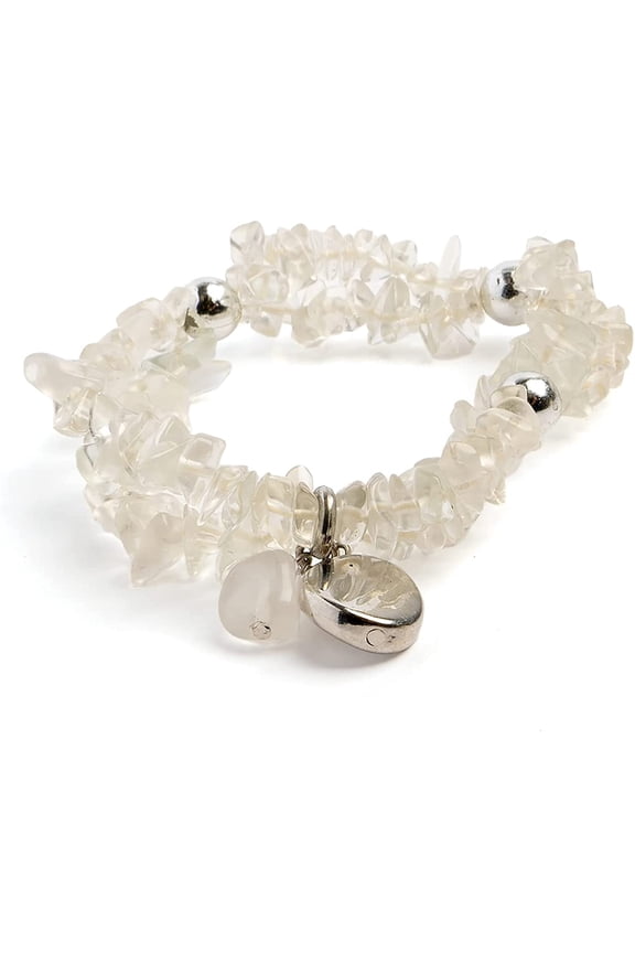 Semi-Precious Natural Crystal Quartz Clear Bracelet 2 Strands with Circle Charm