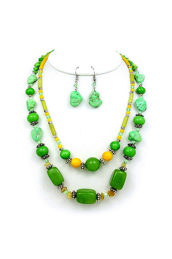 Semi Precious Stone Double Strand Necklace & Earrings Set - Green - NE-WS0835RDGRN
