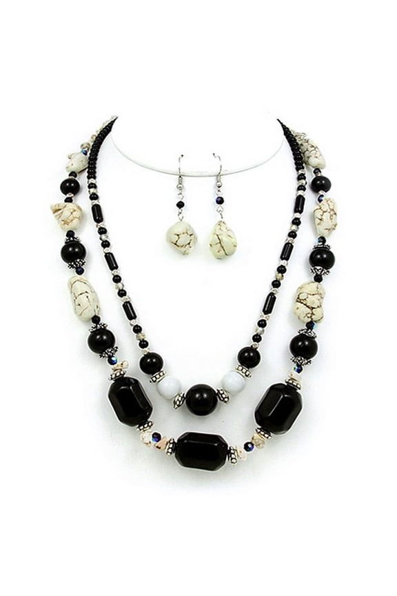 Semi Precious Stone Double Strand Necklace & Earrings Set - Onyx - NE-WS0835RDBLK