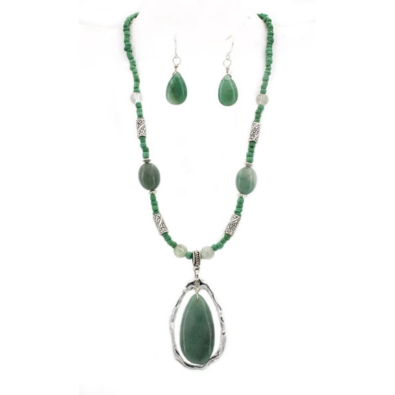 Semi-Precious Stone Necklace & Earrings Set - Green - NE-WS0738ASAVE