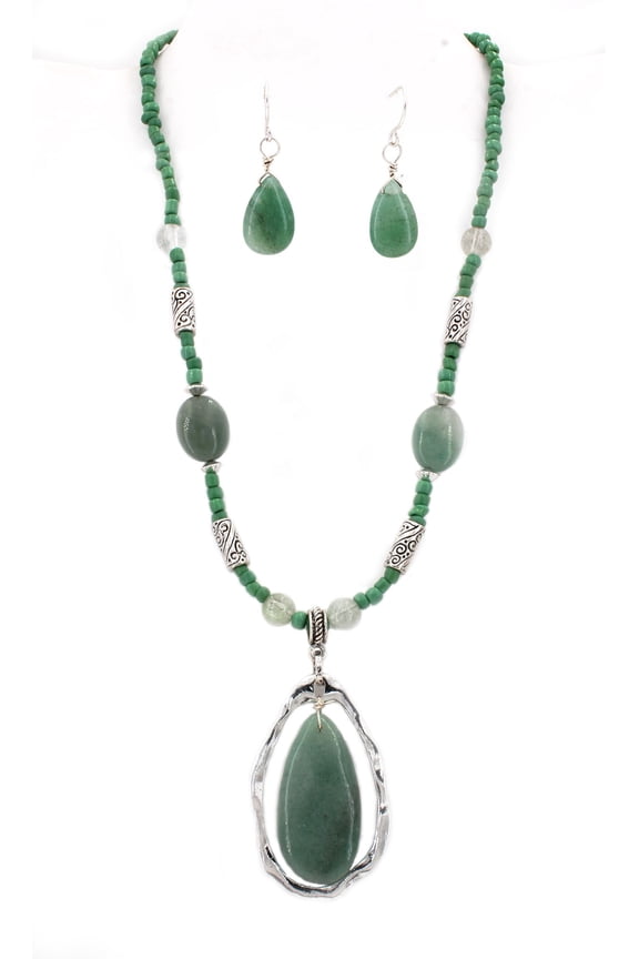 Semi-Precious Stone Necklace & Earrings Set - Green - NE-WS0738ASAVE