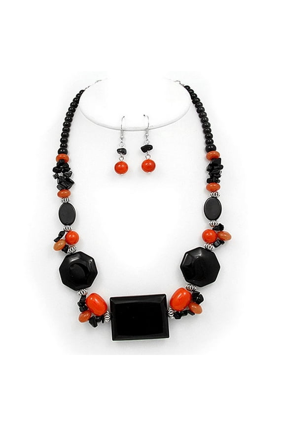 Semi Precious Stone Necklace & Earrings Set - Onyx - NE-WS0834RDONX