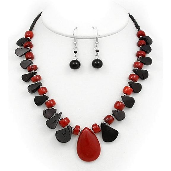 Semi Precious Stone Necklace & Earrings Set - Onyx - NE-WS0846RDONX
