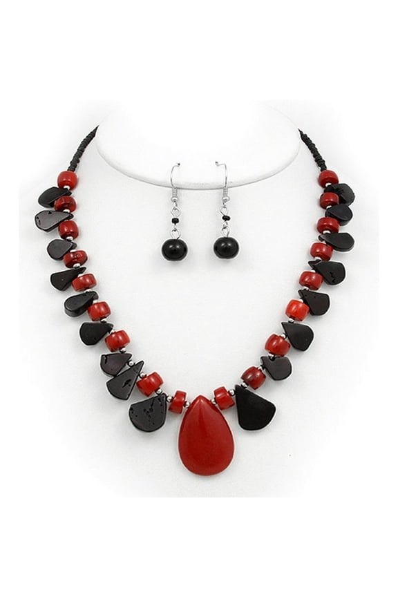 Semi Precious Stone Necklace & Earrings Set - Onyx - NE-WS0846RDONX