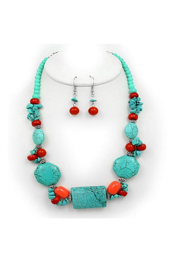 Semi Precious Stone Necklace & Earrings Set - Turquoise - NE-WS0834RDTQS