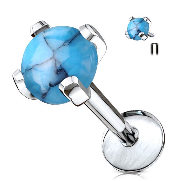 Semi Precious Stone Prong Set Internally Threaded Labret, Cartilage Stud 16g