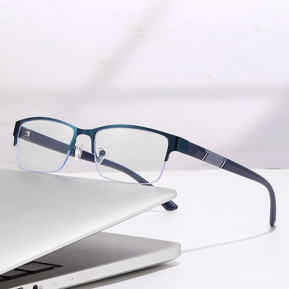 Semi-Rimless Metal Reading Glasses, Anti Blue Light Business Eyeglasses for Men
