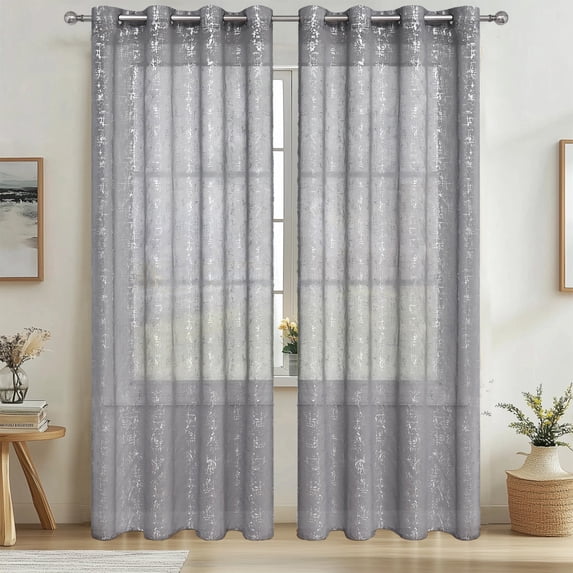 Semi Sheer Curtain Panels with Silver Embossed Patterns, Light Filtering Window Drapes for Living Room, Bedroom, or Study, Polyester Voile Curtains, Easy Install Grommet Top, 39x98 Inch
