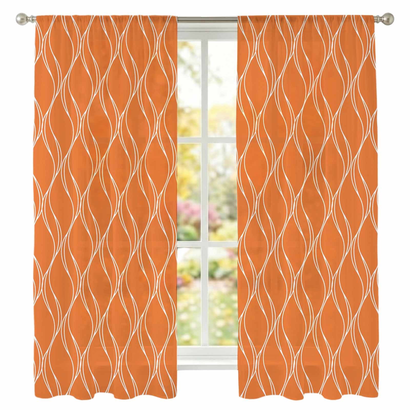 Rod Wave Fall Semi Sheer Curtains Panels, Abstract Modern Orange Wave Line Rod Pocket ...