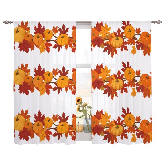 Semi Sheer Curtains Panels, Autumn Orange Pumpkin Harvest Thanksgiving Day Rod Pocket Top Voile Window Treatments Drapes for Living Room Bedroom Kitchen, 2 Panels 52x63 in Watercolor Maple Leaves