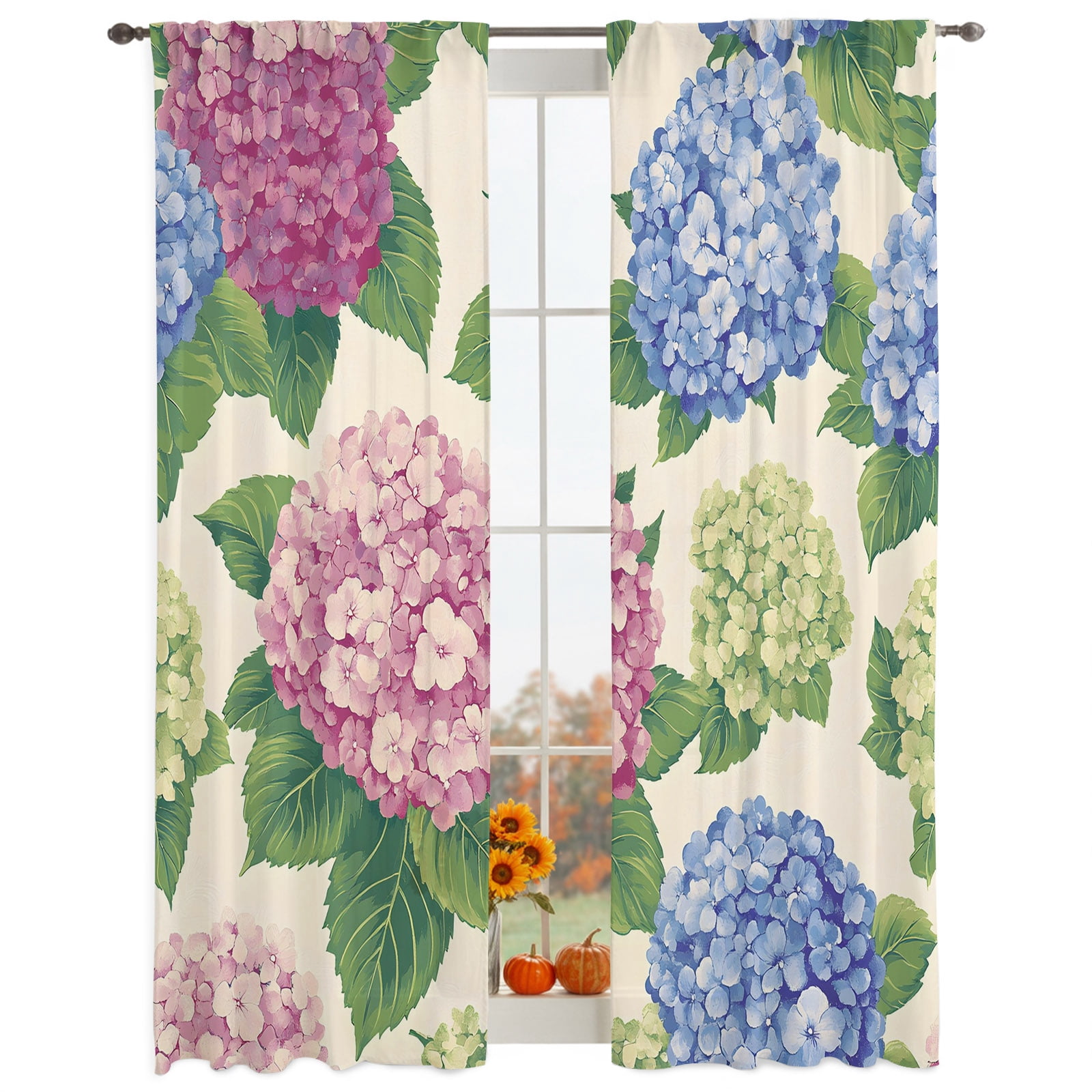Semi Sheer Curtains Panels, Blue Pink Green Hydrangea Blooms Rod Pocket ...