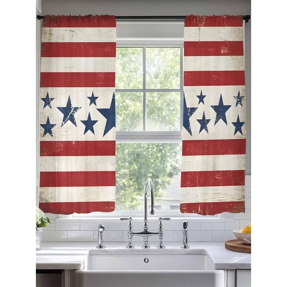 Semi Sheer Curtains Panels, Blue Stars and Red Stripes Flag Rod Pocket Top Voile Window Treatments Drapes for Living Room Bedroom Kitchen, 2 Panels 52x63 in Independence Day Flags
