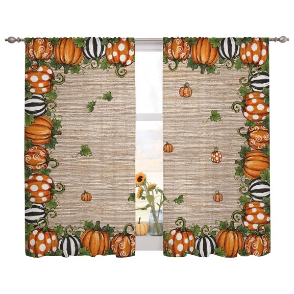 Semi Sheer Curtains Panels, Fall Polka Dot Stripe Pumpkin Rod Pocket Top Voile Window Treatments Drapes for Living Room Bedroom Kitchen, 2 Panels 52x63 in Thanksgiving Green Leaf Retro Linen