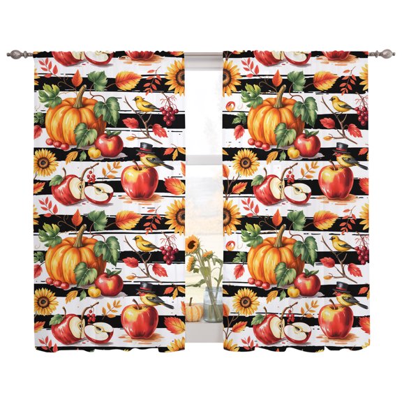 Semi Sheer Curtains Panels, Fall Pumpkin Leaf Fruit Flower Rod Pocket Top Voile Window Treatments Drapes for Living Room Bedroom Kitchen, 2 Panels 52x63 in Autumn Harvest White Black Line