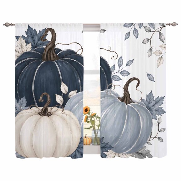 Semi Sheer Curtains Panels, Fall Thanksgiving Pumpkin Blue Rod Pocket Top Voile Window Treatments Drapes for Living Room Bedroom Kitchen, 2 Panels 52x63 in Farm Maple Leaves on White