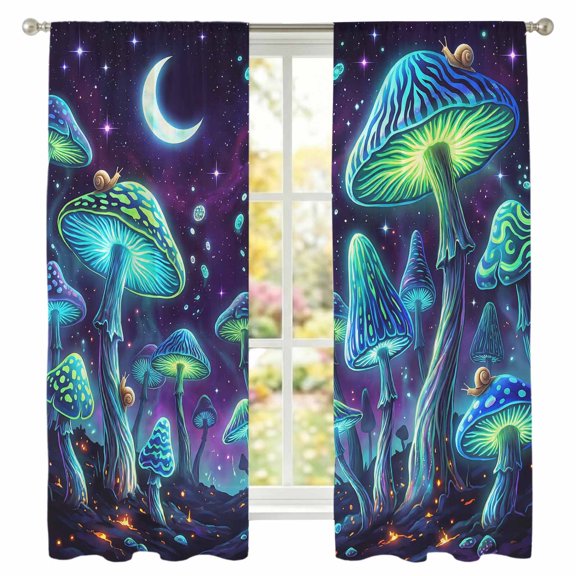Semi Sheer Curtains Panels, Fantasy Blue Neon Mushrooms Rod Pocket Top Voile Window Treatments Drapes for Living Room Bedroom Kitchen, 2 Panels 52x63 in Starlight Night Snails