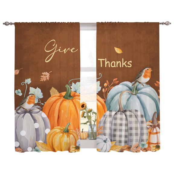 Semi Sheer Curtains Panels, Farm Pumpkin Harvest Fall Thanksgiving Rod Pocket Top Voile Window Treatments Drapes for Living Room Bedroom Kitchen, 2 Panels 52x63 in Bird Maple Leaf Retro Brown
