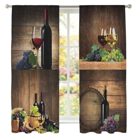 Semi Sheer Curtains Panels, Farm Red Wine Grapes Wine Barrel Rod Pocket Top Voile Window Treatments Drapes for Living Room Bedroom Kitchen, 2 Panels 52x63 in Vintage Brown Wood Board