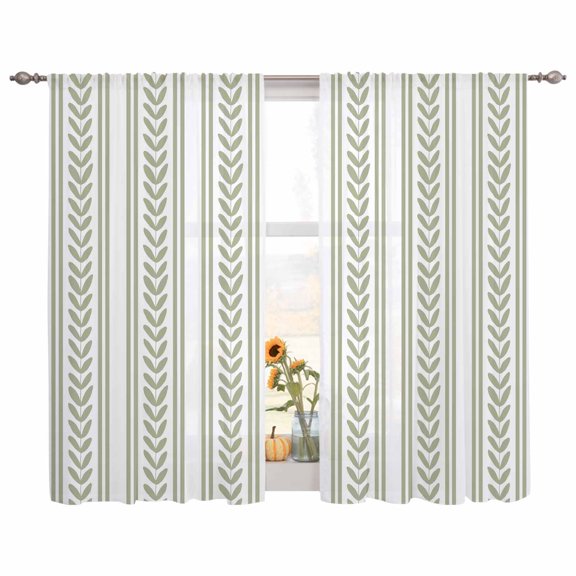 Semi Sheer Curtains Panels, Farm Sage Green Leaves Stripes Rod Pocket Top Voile Window Treatments Drapes for Living Room Bedroom Kitchen, 2 Panels 52x63 in Boho Natural Leaf Lines