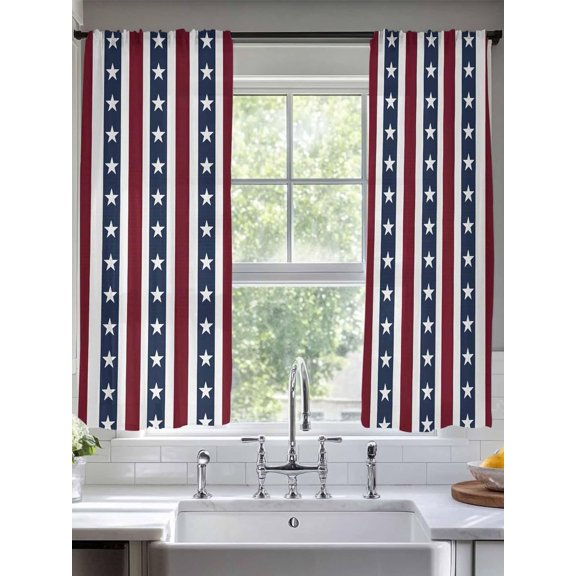 Semi Sheer Curtains Panels, Independence Day USA Flag Rod Pocket Top Voile Window Treatments Drapes for Living Room Bedroom Kitchen, 2 Panels 52x63 in Memorial Day Stripes