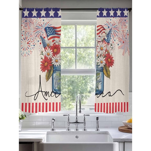Semi Sheer Curtains Panels, Memorial Day Flower Patriotic Flag Rod Pocket Top Voile Window Treatments Drapes for Living Room Bedroom Kitchen, 2 Panels 52x63 in Star and Stripe on Burlap