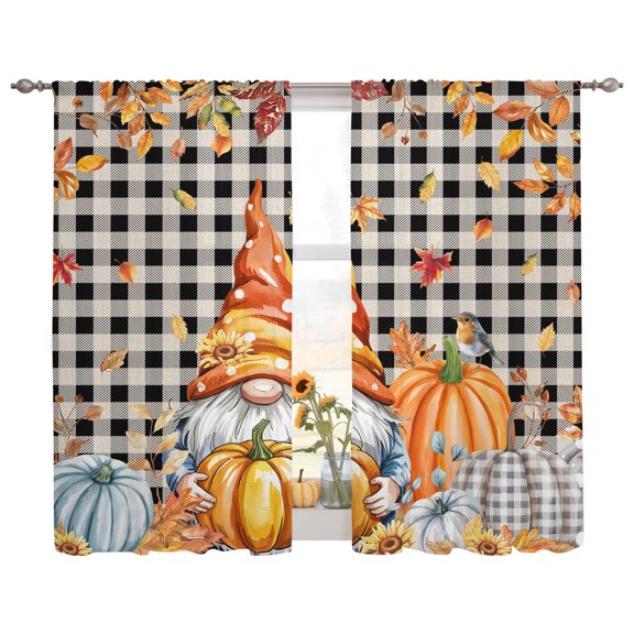 Semi Sheer Curtains Panels, Pumpkin Gnome Thanksgiving Fall Maple Leaf Rod Pocket Top Voile Window Treatments Drapes for Living Room Bedroom Kitchen, 2 Panels 52x63 in Farm Black Checker