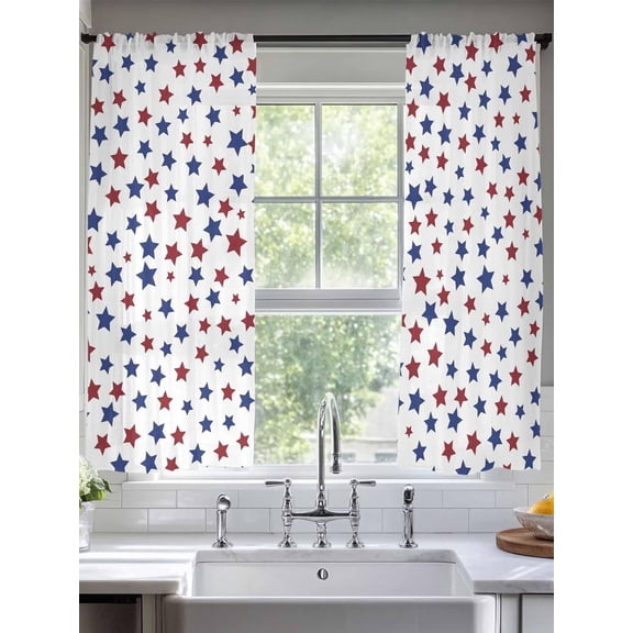 Semi Sheer Curtains Panels, Red Blue Five-Point Stars Rod Pocket Top Voile Window Treatments Drapes for Living Room Bedroom Kitchen, 2 Panels 52x63 in Independence Day Decoration