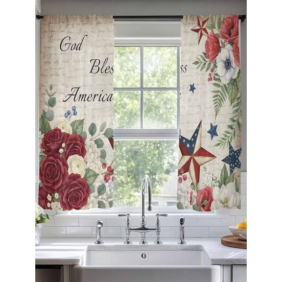 Semi Sheer Curtains Panels, Retro Independence Day Floral Star Rod Pocket Top Voile Window Treatments Drapes for Living Room Bedroom Kitchen, 2 Panels 52x63 in God Bless America Quote